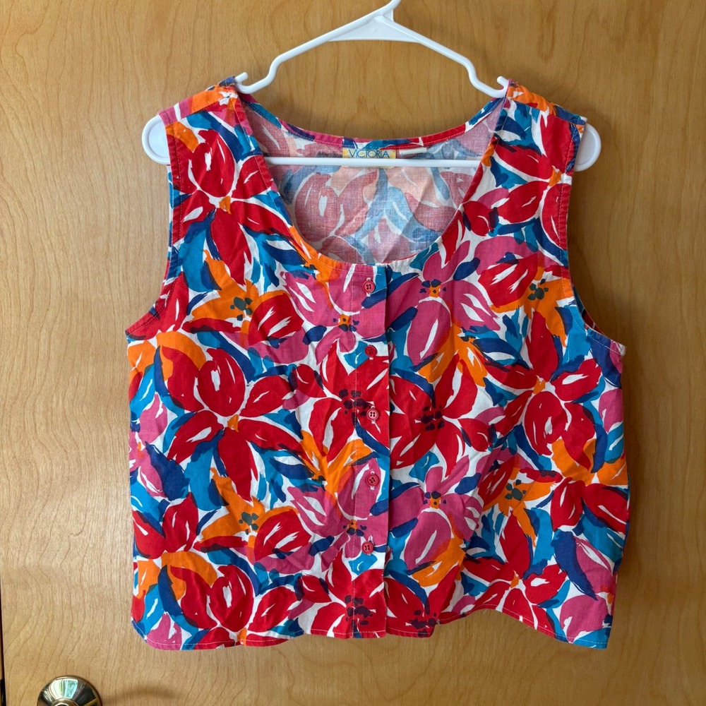Victoria Harbour Floral Top Women Large Red Blue Button Front Sleeveless Cotton